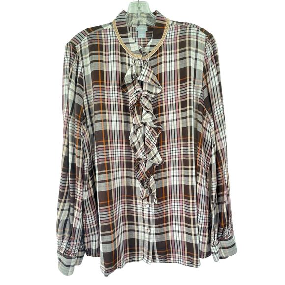 Chico's Brown Pink Plaid Ruffle Chest Dolman Collar women's size 2 (12/14) - Picture 1 of 11